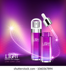 Perfect Light Vitamin and Collagen Serum on Purple Background Concept Skin Care Cosmetic.