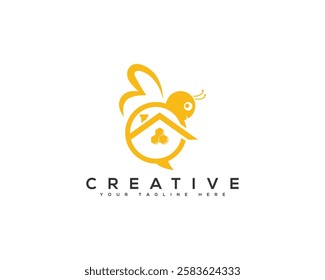 Perfect Logo for Brands Focused on Honey Bee and Bee Hive. Honey Bee with Home Creative Brand Identity Logo Design.