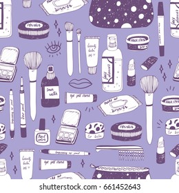 Perfect make up hand drawn seamless vector pattern in trendy and cute style