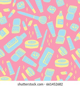 Perfect make up hand drawn seamless vector pattern in trendy and cute style