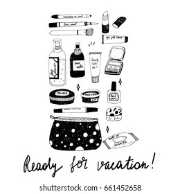 Perfect  make up hand drawn vector objects set in trendy and cute style. Ready for vacation