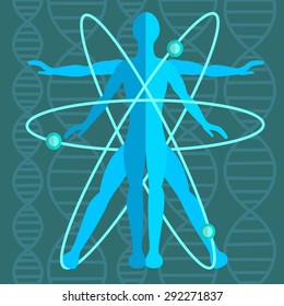 Perfect man inside an atom with atomic structure, genetics in the background consisting of strands of DNA. Medicine, science. Vector illustration