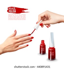 Perfect manicure tips realistic poster showing beautiful young lady hands with red polished nails abstract vector illustration 