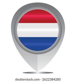 Perfect for maps and travel designs, this pin icon showcases the national flag of Netherlands. Ideal for cultural, educational, or location-based creative projects. Editable Vector EPS Available