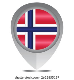 Perfect for maps and travel designs, this pin icon showcases the national flag of Norway. Ideal for cultural, educational, or location-based creative projects. Editable Vector EPS Available