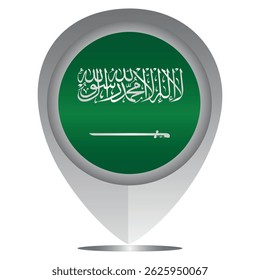 Perfect for maps and travel designs, this pin icon showcases the national flag of Saudi Arabia. Ideal for cultural, educational, or location-based creative projects. Editable Vector EPS Available