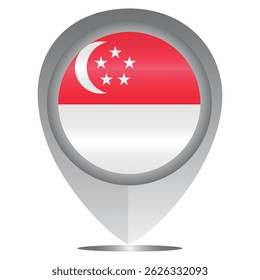 Perfect for maps and travel designs, this pin icon showcases the national flag of Singapore. Ideal for cultural, educational, or location-based creative projects. Editable Vector EPS Available