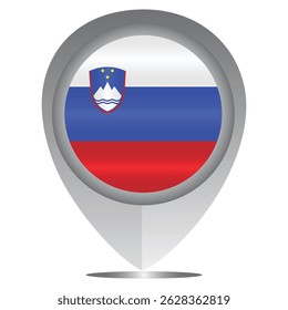 Perfect for maps and travel designs, this pin icon showcases the national flag of Slovenia. Ideal for cultural, educational, or location-based creative projects. Editable Vector EPS Available