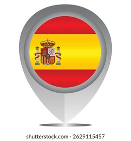 Perfect for maps and travel designs, this pin icon showcases the national flag of Spain. Ideal for cultural, educational, or location-based creative projects. Editable Vector EPS Available
