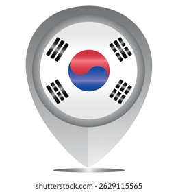 Perfect for maps and travel designs, this pin icon showcases the national flag of South Korea. Ideal for cultural, educational, or location-based creative projects. Editable Vector EPS Available