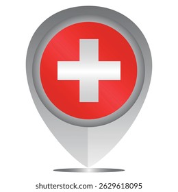Perfect for maps and travel designs, this pin icon showcases the national flag of Switzerland. Ideal for cultural, educational, or location-based creative projects. Editable Vector EPS Available