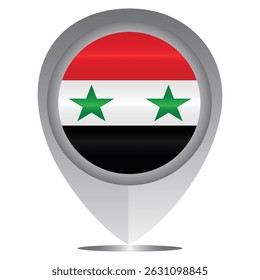 Perfect for maps and travel designs, this pin icon showcases the national flag of Syria. Ideal for cultural, educational, or location-based creative projects. Editable Vector EPS Available