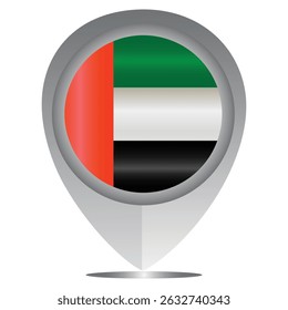 Perfect for maps and travel designs, this pin icon showcases the national flag of UAE. Ideal for cultural, educational, or location-based creative projects. Editable Vector EPS Available