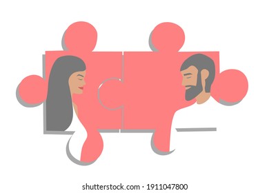 Perfect Match Concept. Man And Woman Fitting Perfectly Like Two Puzzles