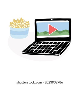 A perfect match, a laptop with a paused movie plus homemade popcorn in a bowl. Watching TV show, serial at home, cozy winter pastime. Vector cartoon isolated illustration. 