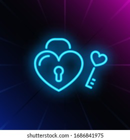 Perfect match neon sign. Heart shaped lock and key on brick wall background. Vector illustration in neon style for topics like Valentines day, love, wedding