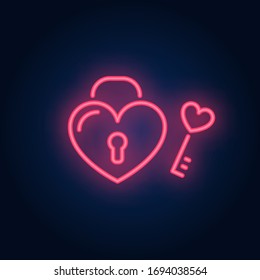 Perfect match neon sign. Heart shaped lock and key on brick wall background. Vector illustration in neon style for topics like Valentines day, love, wedding