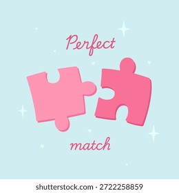 Correspondência perfeita design de dia dos namorados com duas peças de quebra-cabeças estilo minimalista estético com uma frase "Correspondência perfeita" no fundo azul claro