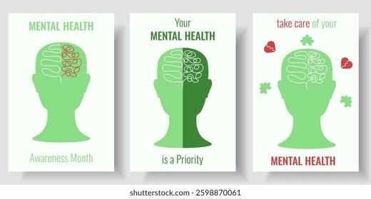 Perfect Mental Health vector illustration Poster cover Set. Collection of Mental Health Awareness Month brochure in simple minimal style. Pastel color EPS 10	
