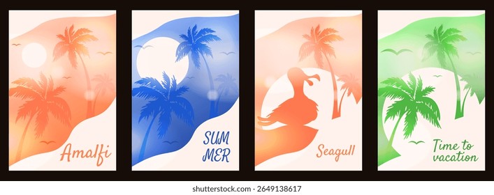 Perfect modern Italy Amalfi Summer poster cover. Vector illustration italian seagull palm tree and sun, contemporary Summer background. Ideal room interior wall art. EPS 10