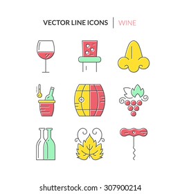 Perfect modern set of icons with different wine elements - bottle, grape, corckscrew, barrel. Vector line style icon series.
