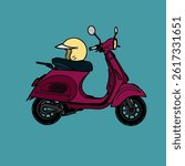 Perfect motorcycle and helmet vector illustration with red color combination for motorcycle and yellow for helmet. bluish green for background. Suitable for background