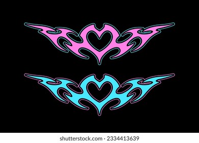 Perfect Neo tribal heart tattoo art in Y2k style. Aesthetic 2000s tattoo. Abstract onament with neon pink and blue gothic tribal heart tattoo design. Isolated vector illustration