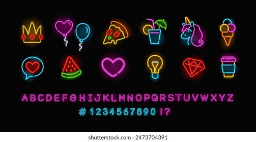 Perfect Neon Sign set 11 on black background. Editable neon icons set of Pop art glowing signs, Crown, Unicorn, Ice crem, etc. Neon Font Type night sign, a glowing light banner for club or bar party