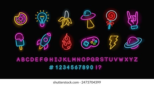 Perfect Neon Sign set 12 on black background. Editable neon icons set of Pop art glowing signs, Rock, Rocket, Game, etc. Neon Font Type night sign, a glowing light banner for club or bar party