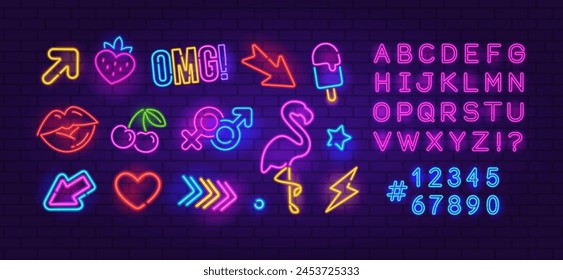 Perfect Neon Sign set 6 on brick wall background. Editable neon icons set of Ranbow glowing signs, Flamingo, Cherry, Arrow etc. Neon Font Type night sign, a glowing light banner for club or bar party