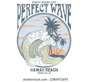 Perfect ocean wave. Beach hand sketch graphic print design for t shirt print, poster, sticker, background and other uses. Palm tree with birds colorful retro print artwork. Hawaii beach artwork.
