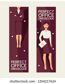 Perfect office dresscode set of banners vector illustration. Elegant pretty business woman in formal clothes. Base wardrobe, feminine corporate clothing. Skirt jacket, shirt.