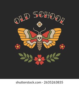 Perfect Old School Hawkmoth tattoo in traditional style for apparel print design. Temporary Hawkmoth boho butterfly tattoo design. Old school tattoo patch or sticker. Editable vector