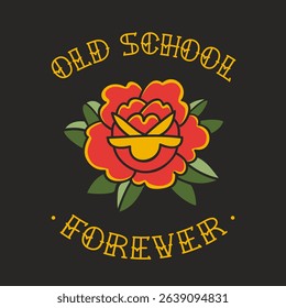 Perfect Old School Rose tattoo vector for apparel print design. Tradition Tattoo Rose flower with inscription on black background. Vintage Freedom tattoo Sticker. Old school tattoo illustration