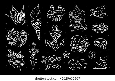 Perfect Old school tattoo design set 3. Old school traditional tattoo collection for print clothing. Old school tattoo symbols of swallow, bird, torch, anchor, heart, flower, rose etc