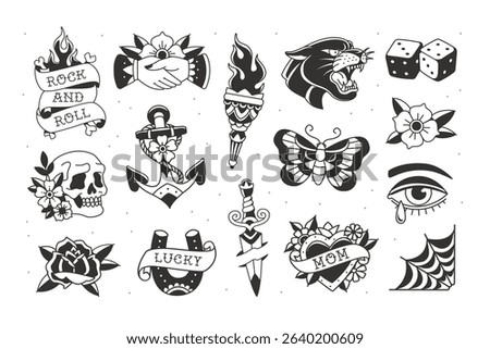 Perfect Old school traditional temporary tattoo collection for stickers and apparel print design. Tradition tattoo symbols and old school set of panther head, anchor, torch, butterfly, lucky horseshoe