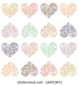 Perfect pastel seamless pattern with hearts made of romantic words. Fully editable illustration drawn in vector by hand. Beautiful valentine pattern. 