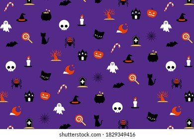 Perfect pattern material for Halloween with pumpkins and cats (purple)