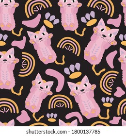 Perfect pattern of pink cats. Black background. Creative texture. Vector illustration.