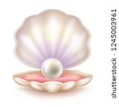 Perfect pearl lying on soft tissue of shelled mollusk realistic vector illustration isolated on white background. Rare natural jewel on velvet pillow in decorative case. Precious sea treasure concept
