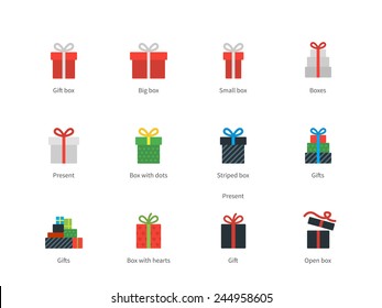 Perfect pictogram collection of shop and present objects, red gift box, big and small packages, open box and abstract box with hearts. Flat design style icons set. Isolated on white background.