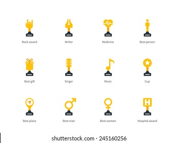 Perfect Pictogram Collection Of Sport And Event Prize Cups, Writer, Vocalist, Medic, Sport Awards, Music And Abstract Rock Hand. Flat Design Style Icons Set. Isolated On White Background.