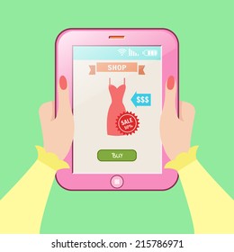 Perfect pink digital tablet holding by women's hands. Business illustration. Online shopping concept.  Vector