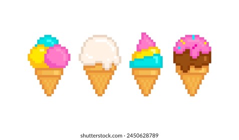 Perfect Pixel Ice Cream cone colorful rainbow set in retro game style.  Pixel mosaic Ice Сream icons collection - editable cartoon vector isolated from white background