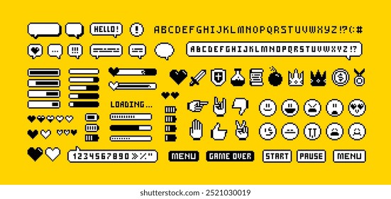 Iconos de píxeles perfectos de accesorios de juego de 8 bits, chat, barra de Descarga, íconos de oficina, gestos y cursores.  Loot del juego y premios pixel art. iconos de píxeles de juego retro establecidos en 80s - 90s estilo conjunto 5. Vector editable