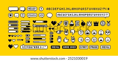 Perfect pixel icons of 8-bit game props, chat, download bar, office icons, gestures and cursors.  Game loot and awards pixel art. Retro Game pixel icons set in 80s - 90s style set 5. Editable vector