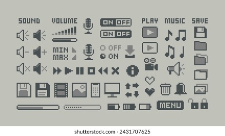 Perfect pixel icons of, media player buttons, computer icons, music notes, sound volume, scale, media. 8-bit Game icons and elements. Retro Game art. Isolated vector