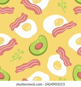 Perfekte Platte aus Protein Avocado, Speck und Eier nahtlose Muster. Handgezeichneter Druck für Papier, Stoff, Textil. In: Food Background Vector Illustration.
