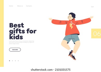 Perfect present for kid concept of landing page with little boy kid cheerful jumping or happy dancing. Joyful preschool or schoolboy child smiling. Cartoon flat vector illustration