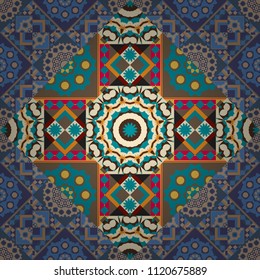 Perfect for printing on fabric or paper. Vintage vector decorative elements in blue, red and orange tones. Islam, Arabic, Indian, ottoman motifs. Seamless pattern tile.